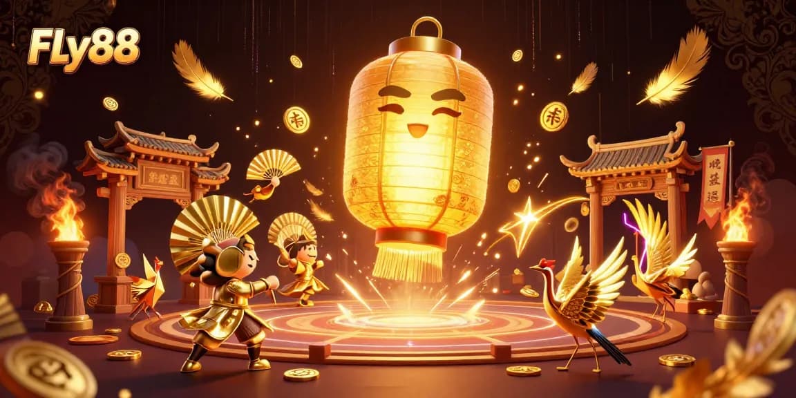 Experience thrilling gameplay at FLY88 with vibrant 3D visuals featuring a golden lantern spirit.