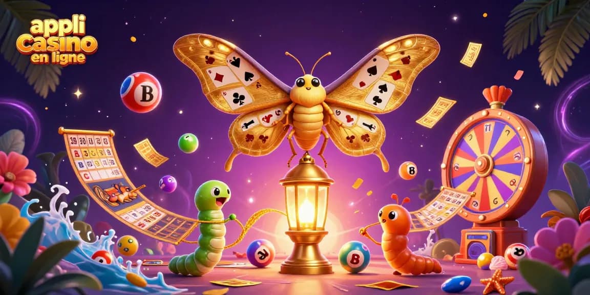 Découvrez l'appli casino en ligne avec un papillon atlas aux ailes dorées entouré d'éléments de loterie.