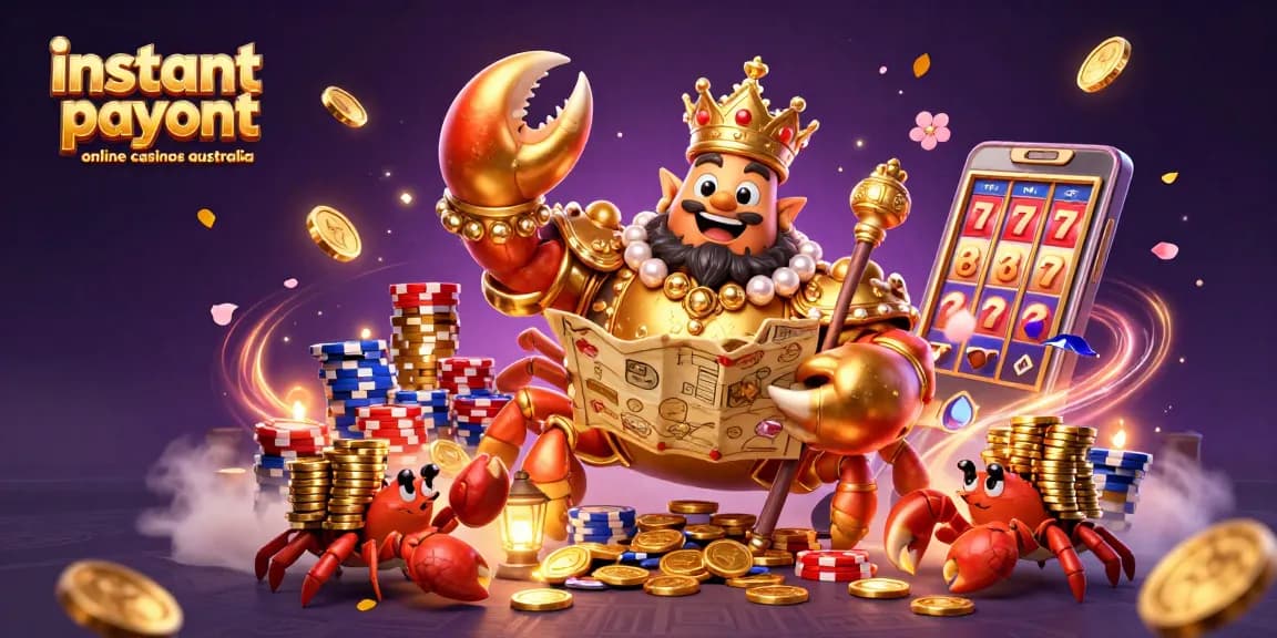 Experience instant payout online casinos Australia showcased with a whimsical golden crab emperor and vibrant casino elements.