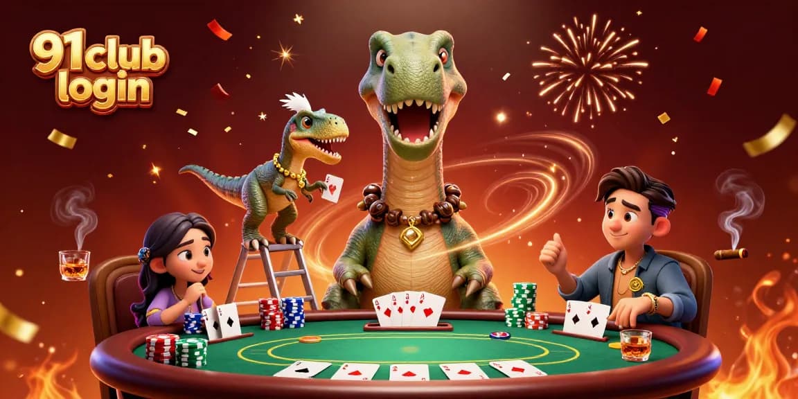 Engage with 91 club login featuring a vibrant casino scene with a brontosaurus and a raptor dealer.