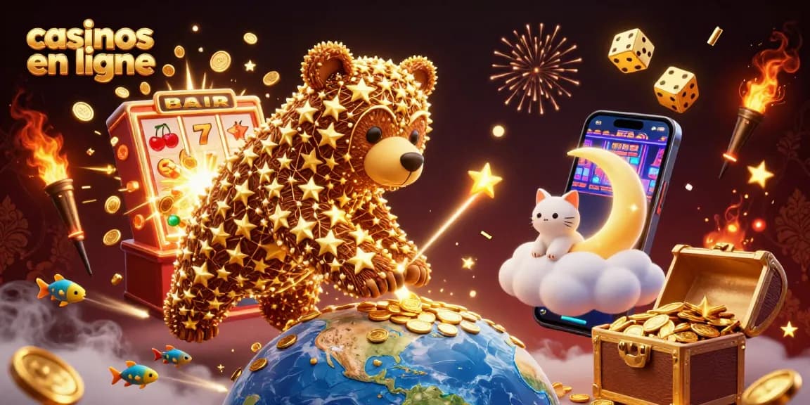 Jouez aux casinos en ligne avec une scène dynamique de jackpots et de jeux de casino colorés.
