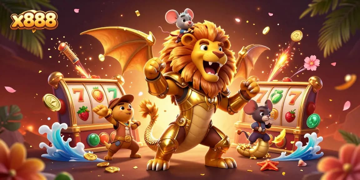 x888 presents an exciting scene with a triumphant chimera and mouse jockey amidst stunning slot game elements.