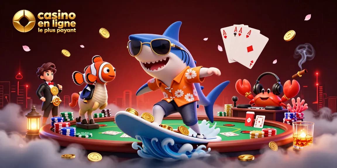 Découvrez le casino en ligne le plus payant avec un requin et un poisson clown parmi des jetons de poker.