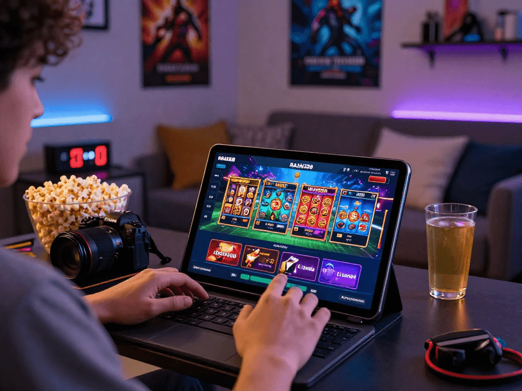 User accessing RAJA328 link on a tablet while placing live sports bets in a cozy gaming setup.