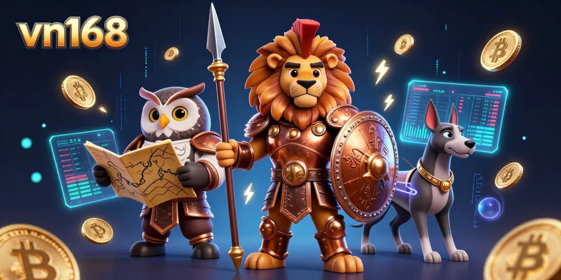 vn168 features a Spartan lion, tactical owl, and greyhound amidst neon cryptocurrencies and casino elements.