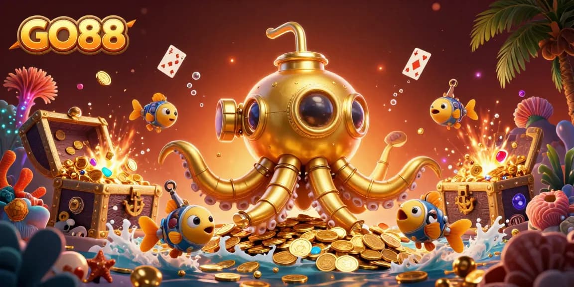 Join the exciting GO88 gaming adventure with golden kraken, treasure chests, and vibrant underwater worlds