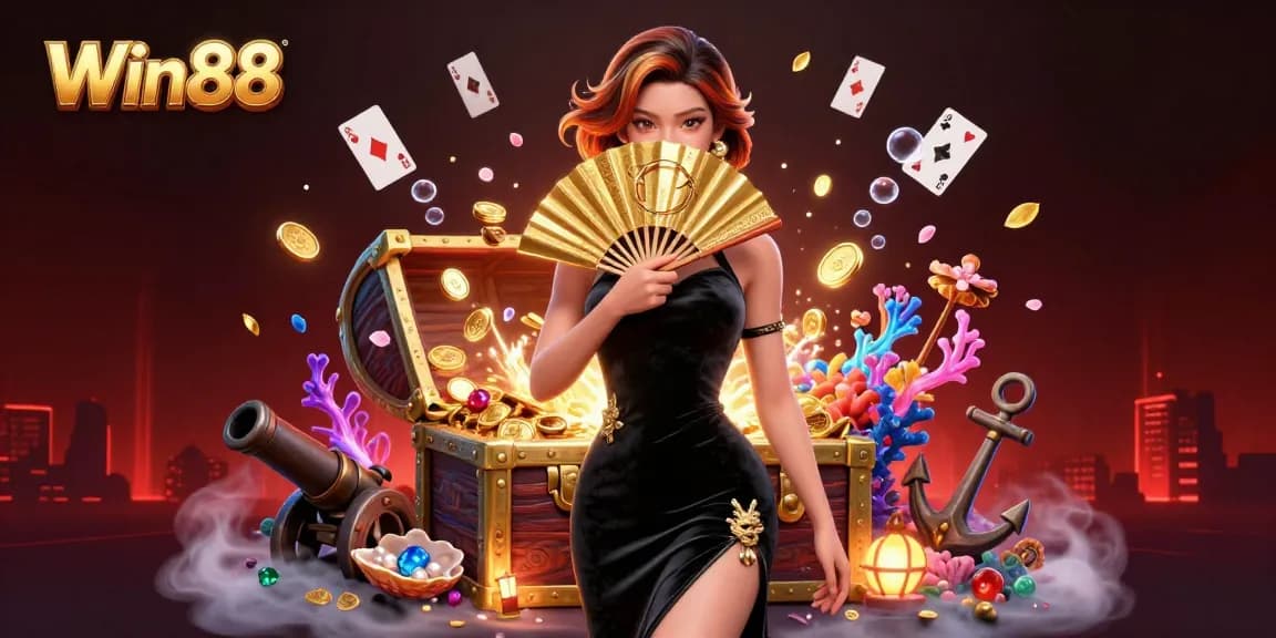 Experience thrilling moments at Win88 with captivating Asian elegance, surrounded by vibrant casino elements.