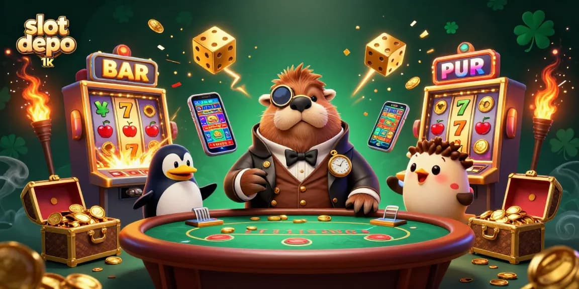 Experience thrilling gameplay at slot depo 1k with colorful casino scenes featuring unique characters.