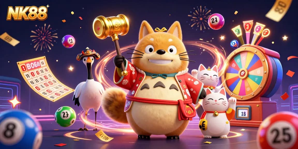 Celebrate wins at NK88 with vibrant casino scene featuring lucky tanuki and game elements.