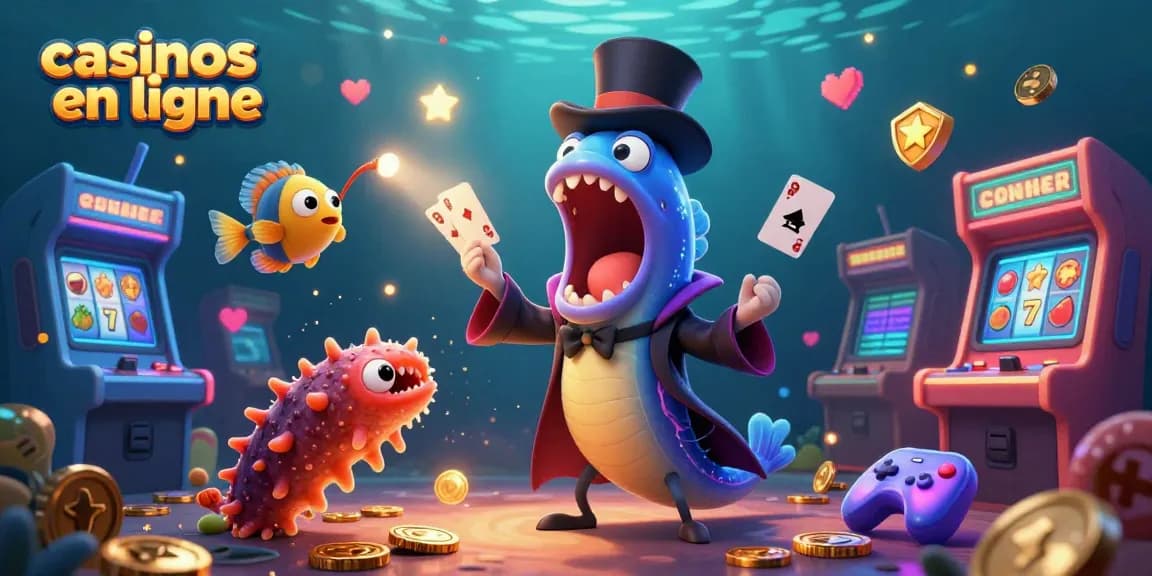 Illustration dynamique de casinos en ligne avec un poisson-lanterne et une anguille goulue, où l'on joue et gagne des jackpots.