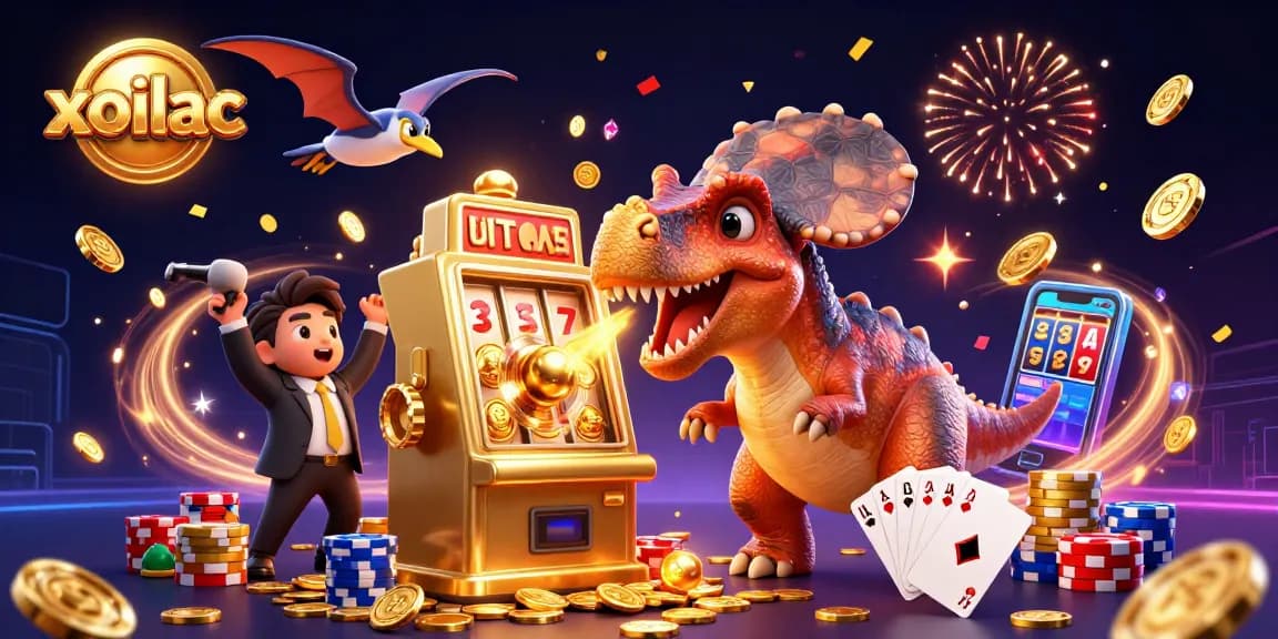 Xoilac casino illustration featuring a pachycephalosaurus winning jackpot coins while an ankylosaur manages the scene, showcasing vibrant gambling elements.