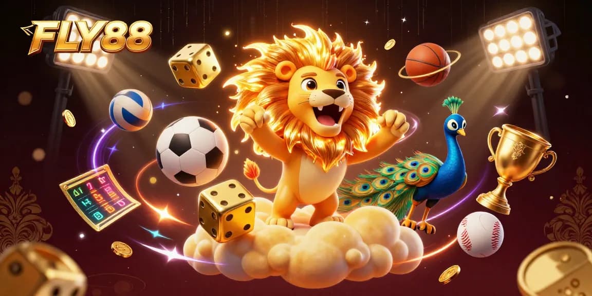 FLY88 delivers thrilling sports betting excitement with a vibrant 3D casino illustration.
