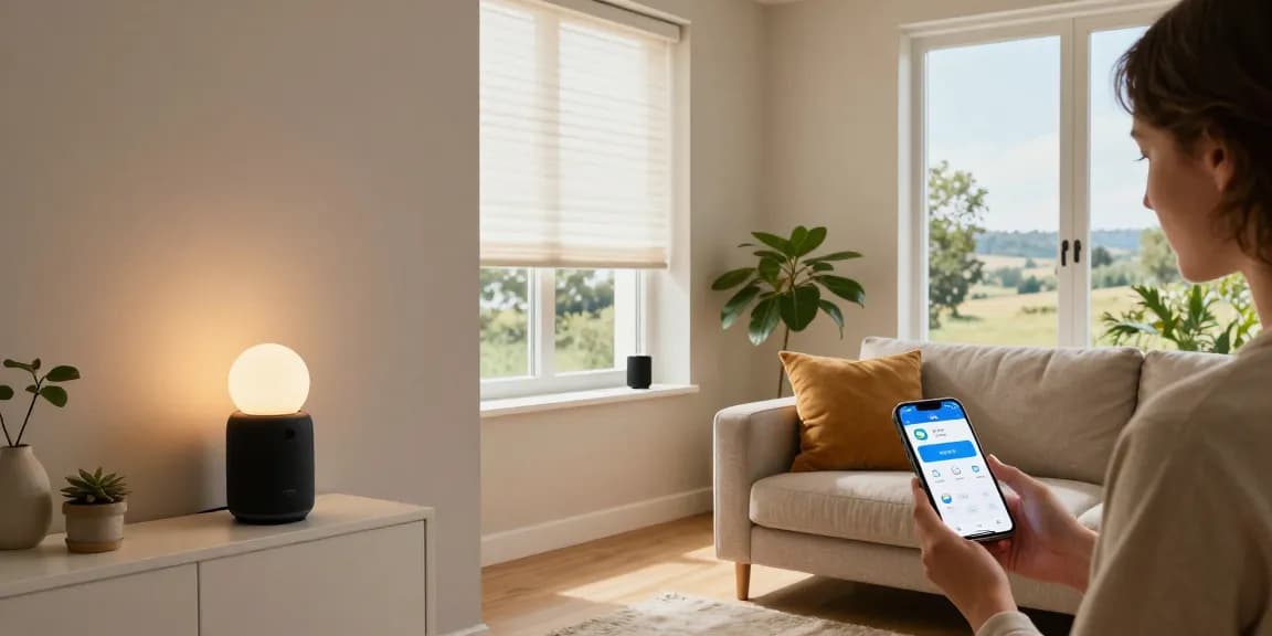 IKEA smart home integrated into a stylish living room with smart lights and devices creating a comfortable atmosphere.