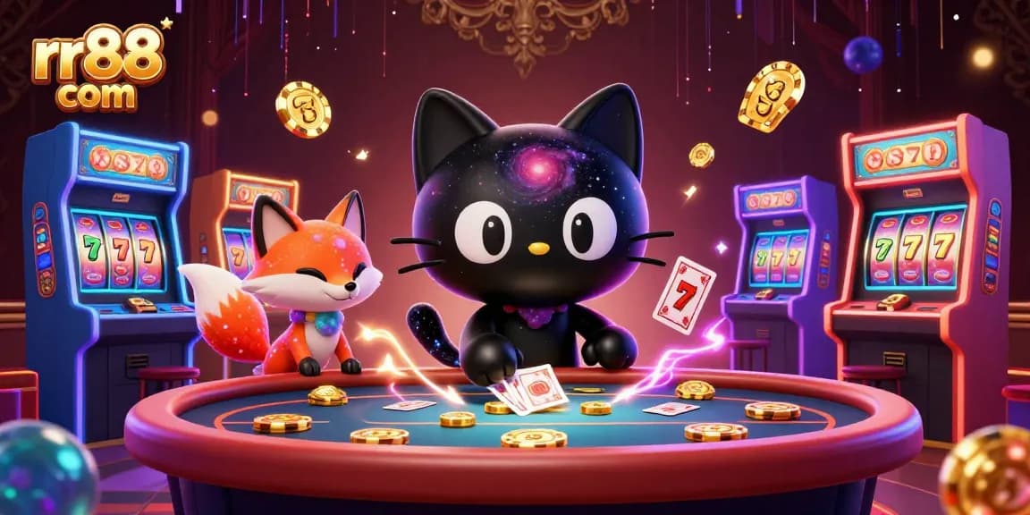 Play with excitement at rr88 com featuring a vibrant cosmic casino scene with animated characters.