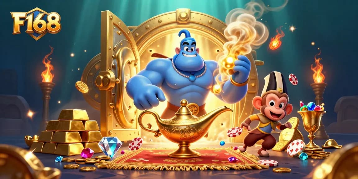 Experience the thrill of F168 with a vibrant casino illustration featuring a genie and poker chips.