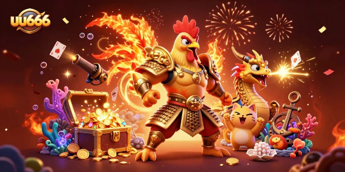Experience thrilling play at uu666 with a powerful rooster warrior, dragon hatchling, and fortune cat amidst treasure!