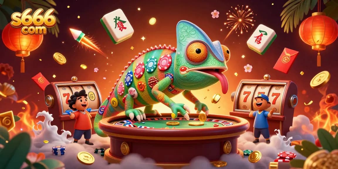 Experience vibrant action at s666 com with colorful casino elements and a lively chameleon owner
