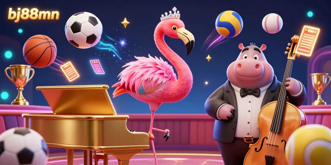 Experience the dynamic energy of gambling at bj88mn with a vibrant casino scene featuring a flamingo singer and hippo bassist.