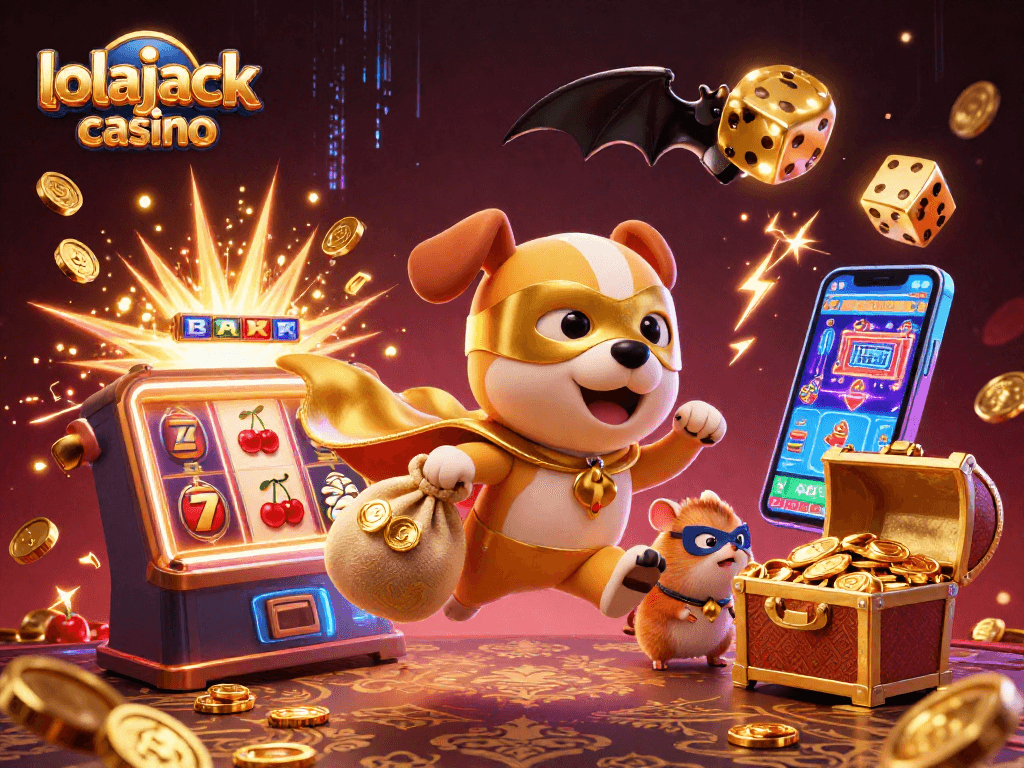 Experience the excitement at lolajack casino with a superhero dog and vibrant jackpot scenes!