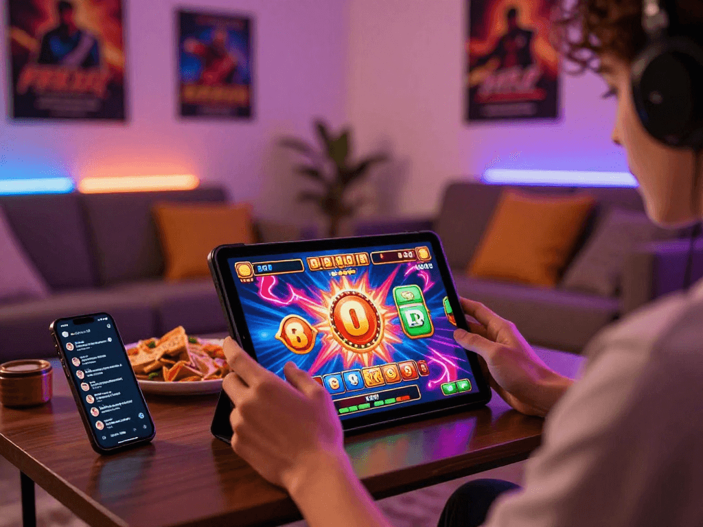 Exciting online gaming setup showcasing a slot gacor game on a tablet with dynamic graphics and jackpot symbols for an immersive experience.