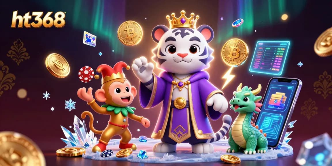 Engage with ht368's breathtaking casino scene featuring a white tiger, jester monkey, and crypto elements.