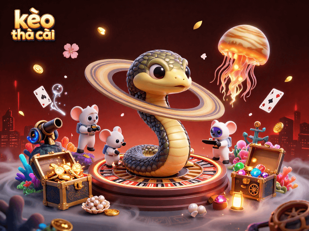 Engage with kèo nhà cái in a dynamic cosmic casino scene filled with vibrant betting elements and characters.