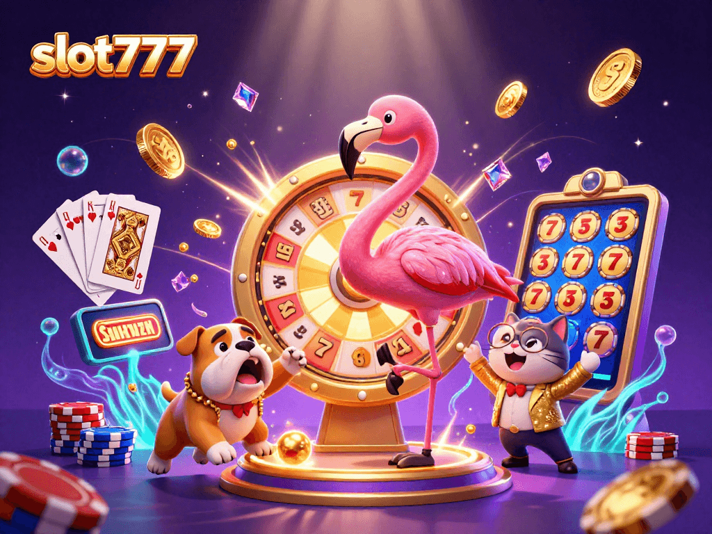 Experience thrilling wins in slot777 with exciting 3D characters in a vibrant casino scene