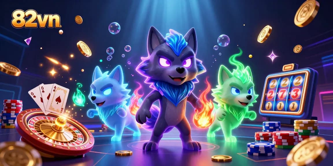 Join the action at 82vn with glowing wolf characters and dynamic casino elements.