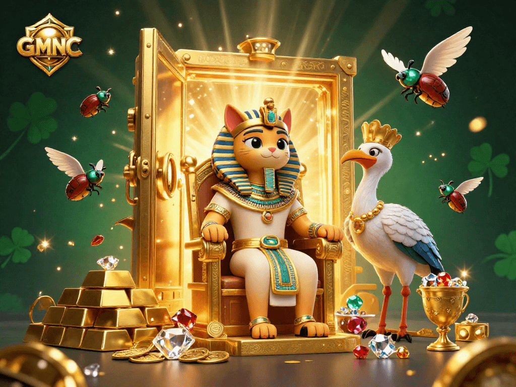 Experience GMNC's dynamic gaming opportunities with a 3D Egyptian pharaoh scene brimming with treasures.