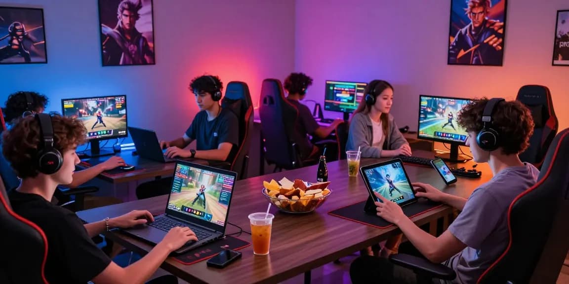 Engaged friends playing xxx games online, showcasing vibrant gaming setup and devices.