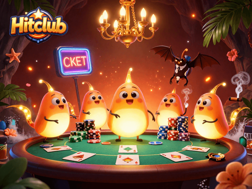 Engage in thrilling poker action at Hitclub, illuminated by glowworms in a vibrant casino scene.