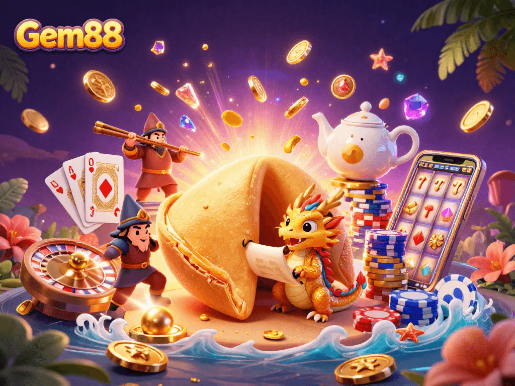 Experience the excitement of Gem88 with a vibrant 3D casino scene featuring golden coins, a dragon, and vibrant gaming elements.