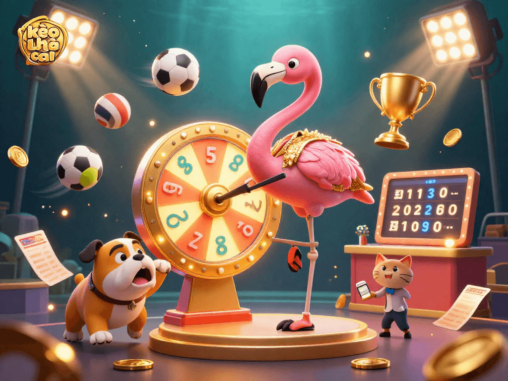 Engaging scene with kèo nhà cái game show having flamingo host, bulldog contestant, and scoreboard assistant.