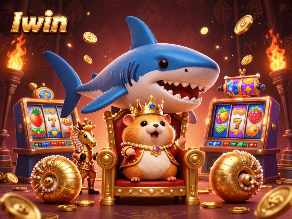 Iwin engages players with vibrant casino games, featuring a fierce golden hamster king and colorful slot machines.