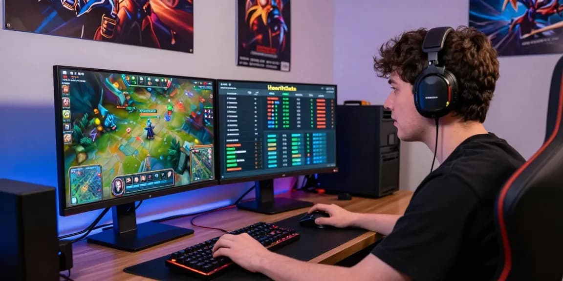 Engaged gamer analyzing hearthstats net news on dual monitors, showcasing performance analytics and Hearthstone gameplay.
