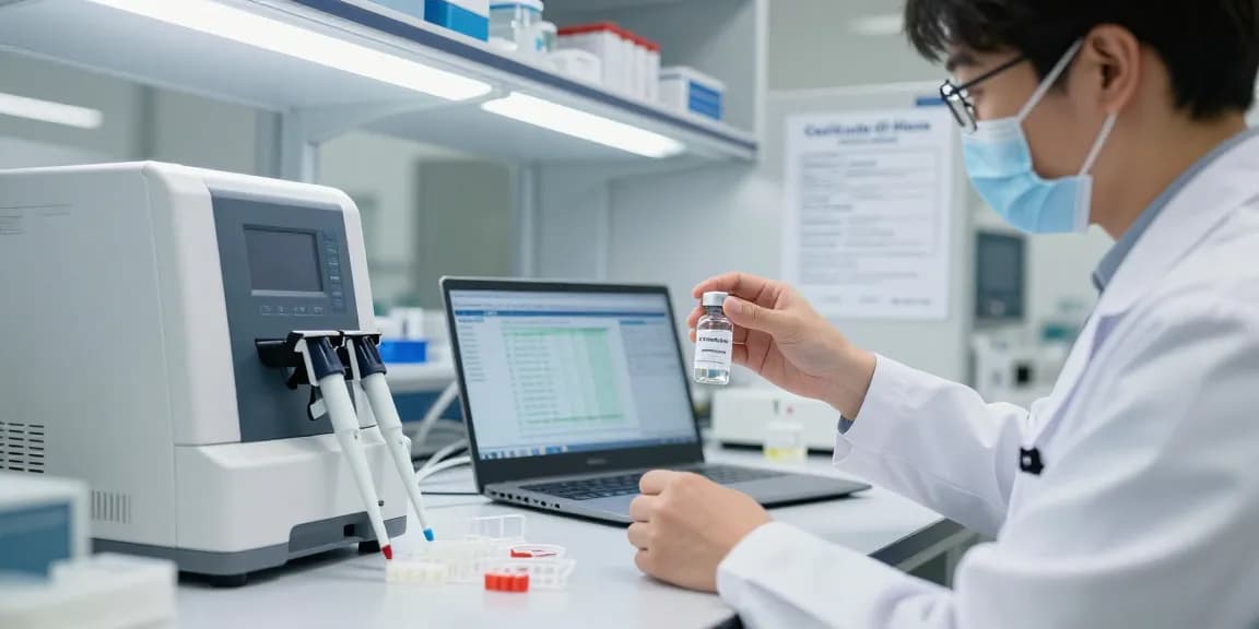 Research peptide US in a clinical lab with a scientist analyzing HPLC data and holding a vial, emphasizing quality assurance.