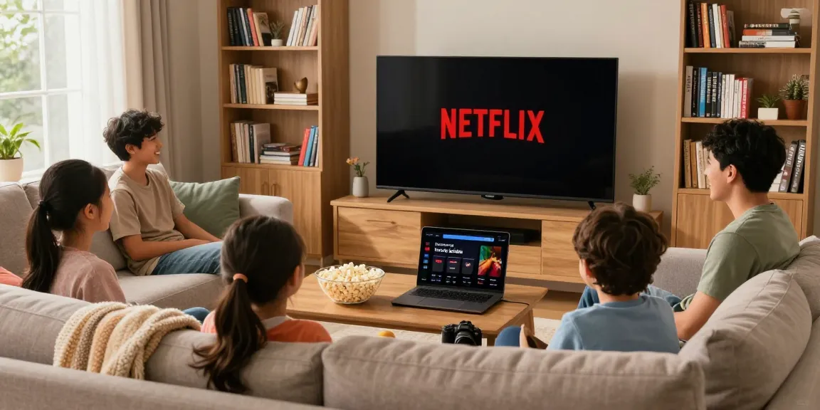 A family joyfully enjoying Streaming Netflix Gratis in a cozy living room.