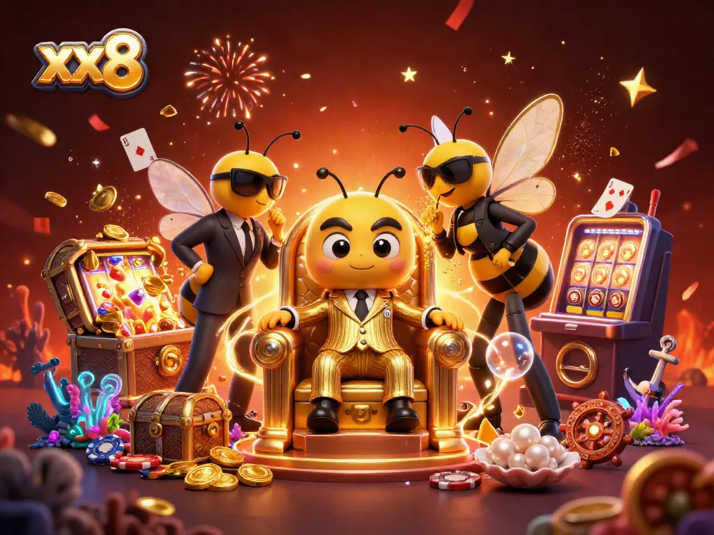 Experience exhilarating gameplay at xx8 with vibrant poker chips and lively casino characters.