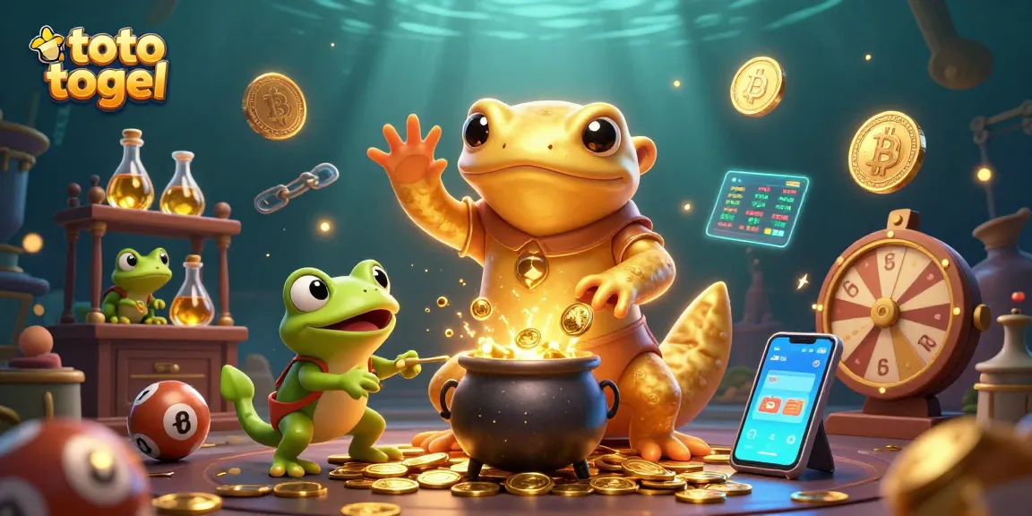 Engage with toto togel, featuring a vibrant 3D scene depicting an alchemist and lottery elements for immersive gameplay.
