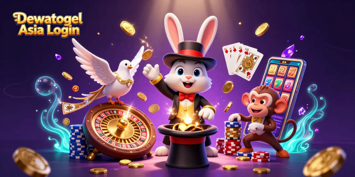 Dewatogel Asia Login showcases a 3D cartoon magician rabbit and friends celebrating casino wins with golden coins and poker chips.