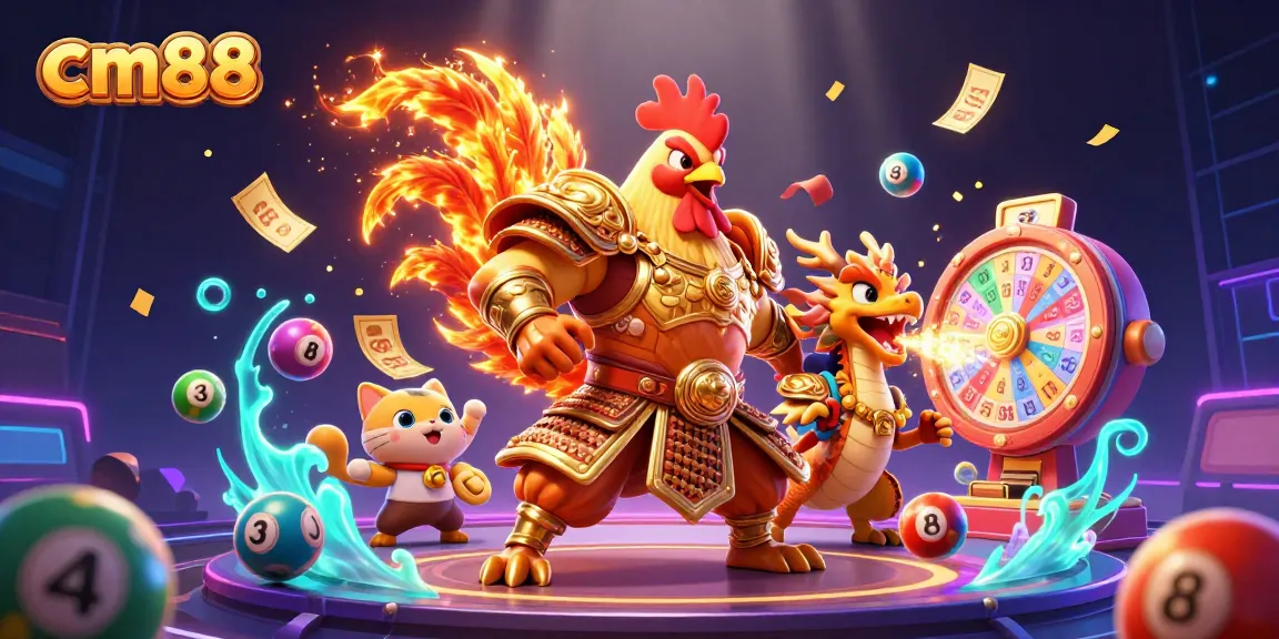 Experience thrilling excitement at cm88 with a dynamic illustration of a rooster warrior and dragon hatchling.