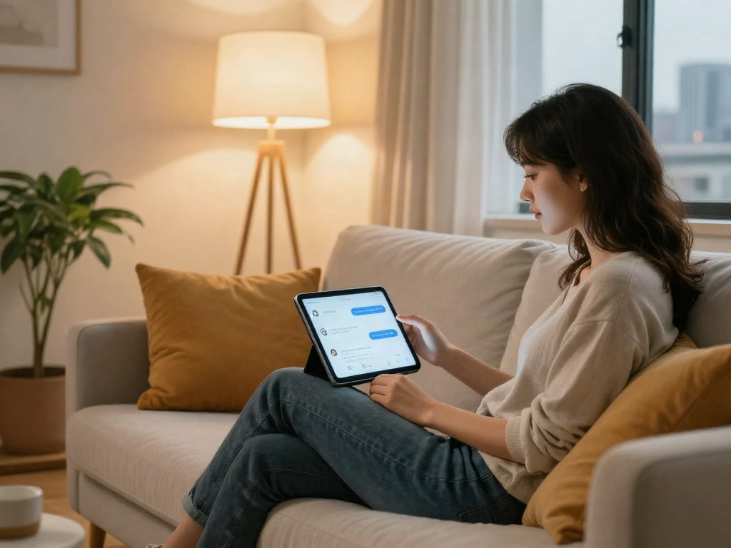 Cozy living room with a person using an AI sex chat app on a tablet.