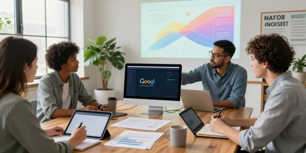 Collaborative discussion on Google algorithm updates in a modern workspace with diverse team.