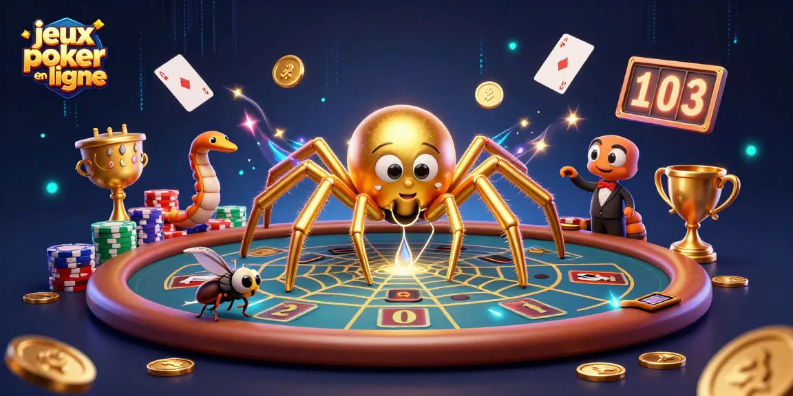 Pariez sur des jeux poker en ligne captivants avec une illustration d'une araignée dorée et un croupier centipède.