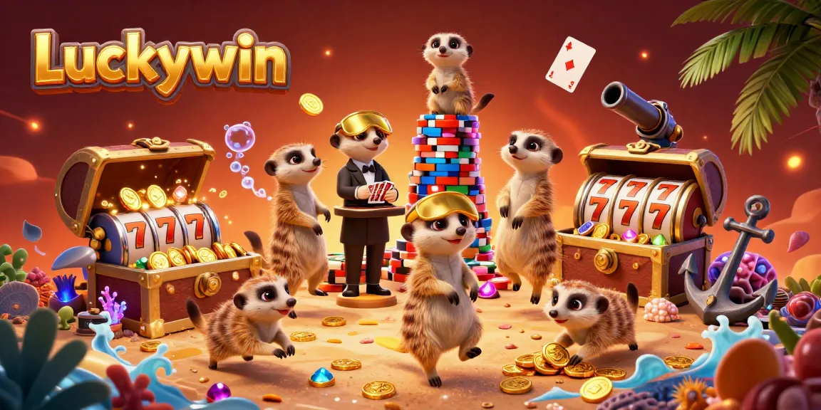 Experience the thrill of Luckywin at this vibrant casino scene with playful meerkats and exciting game elements.