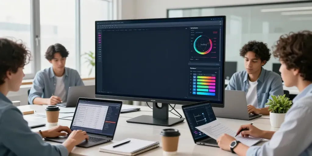 Calculator Online tools in a collaborative workspace with professionals using laptops.
