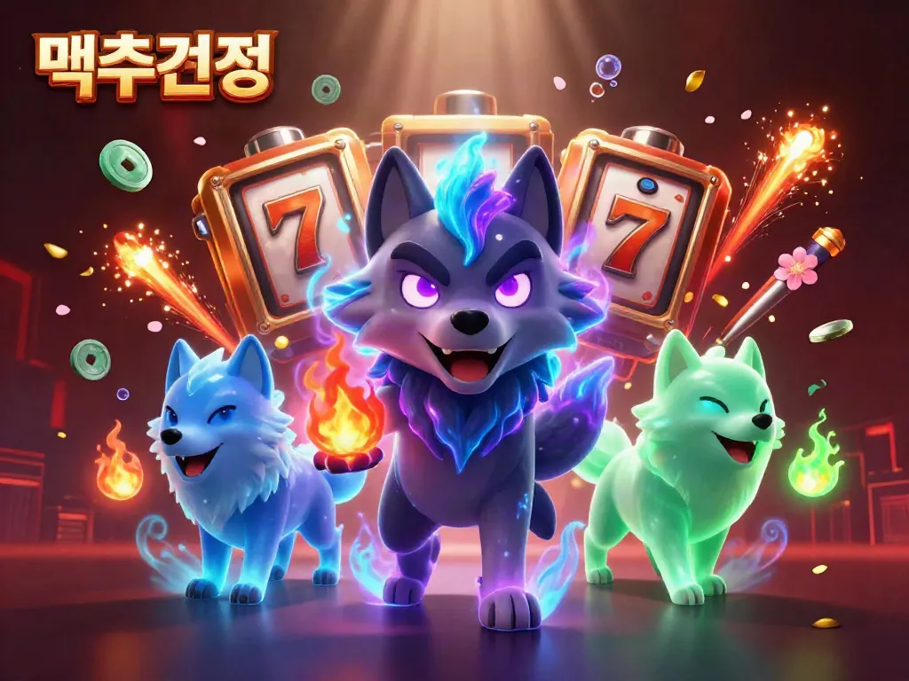 Engage with 먹튀검증 as a shadow wolf pack leader surrounded by 3D slot reels, lucky symbols, and vibrant casino elements.