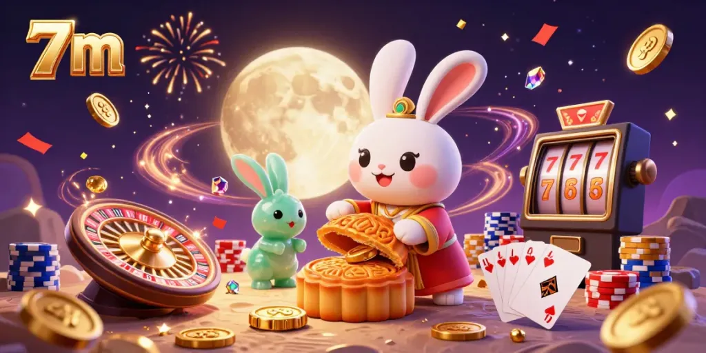 Engage with the thrilling 7 m experience featuring moon rabbits, poker, and casino elements amidst dynamic action.
