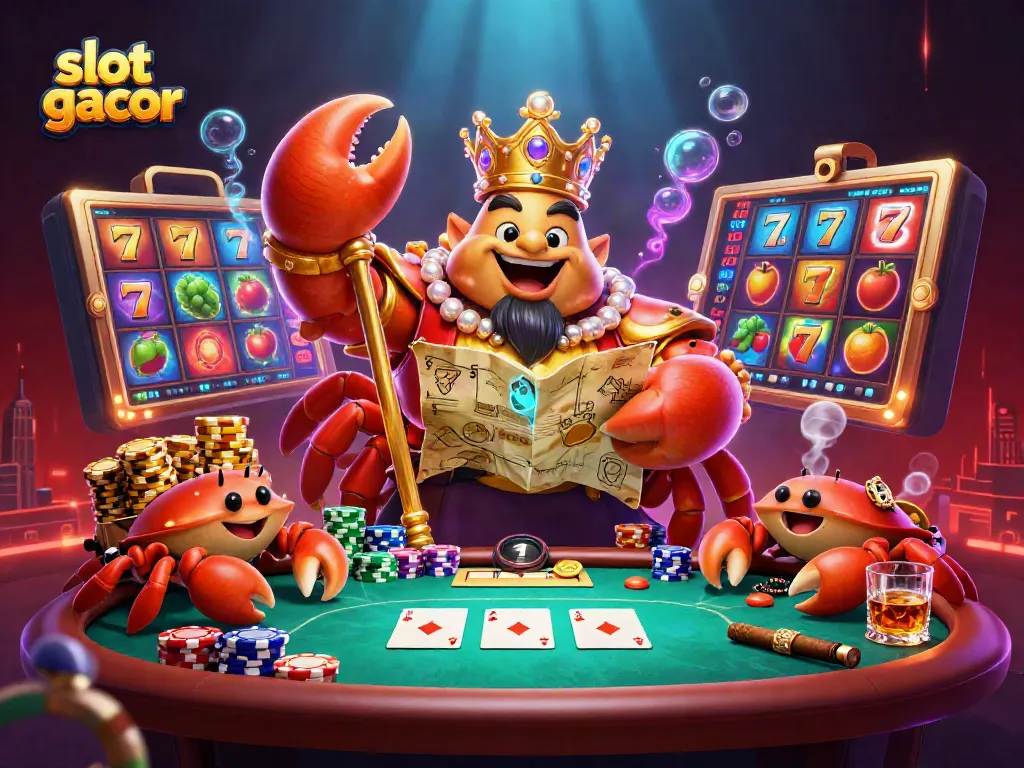 Experience the excitement of slot gacor with a majestic crab emperor amidst vibrant casino symbols.