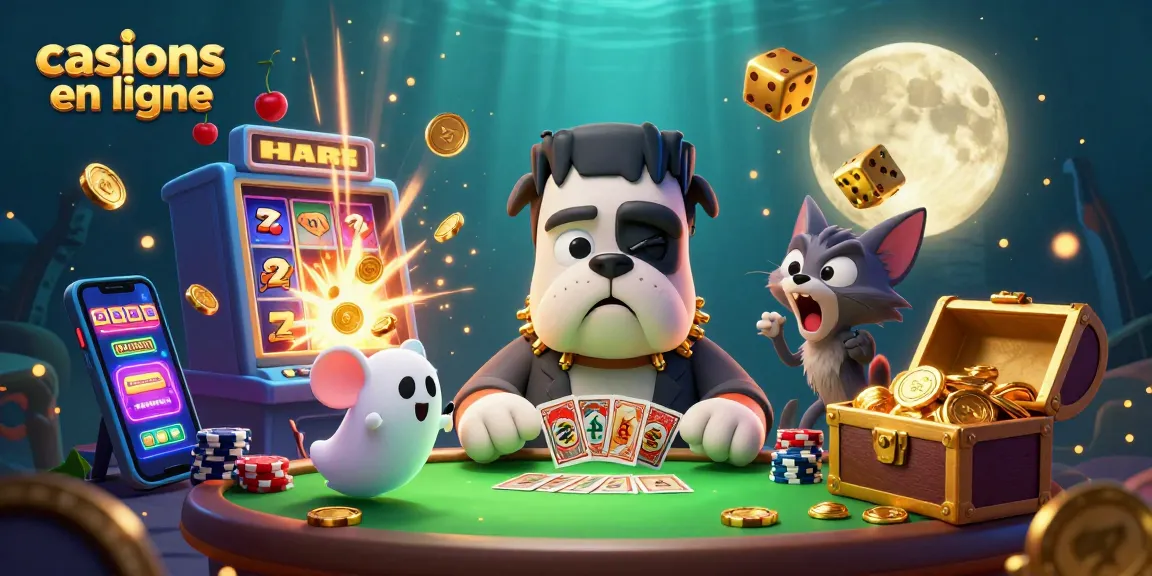 Le bulldog Frankenstein dans un casino en ligne dynamique, jouant aux cartes avec une ambiance effrayante.